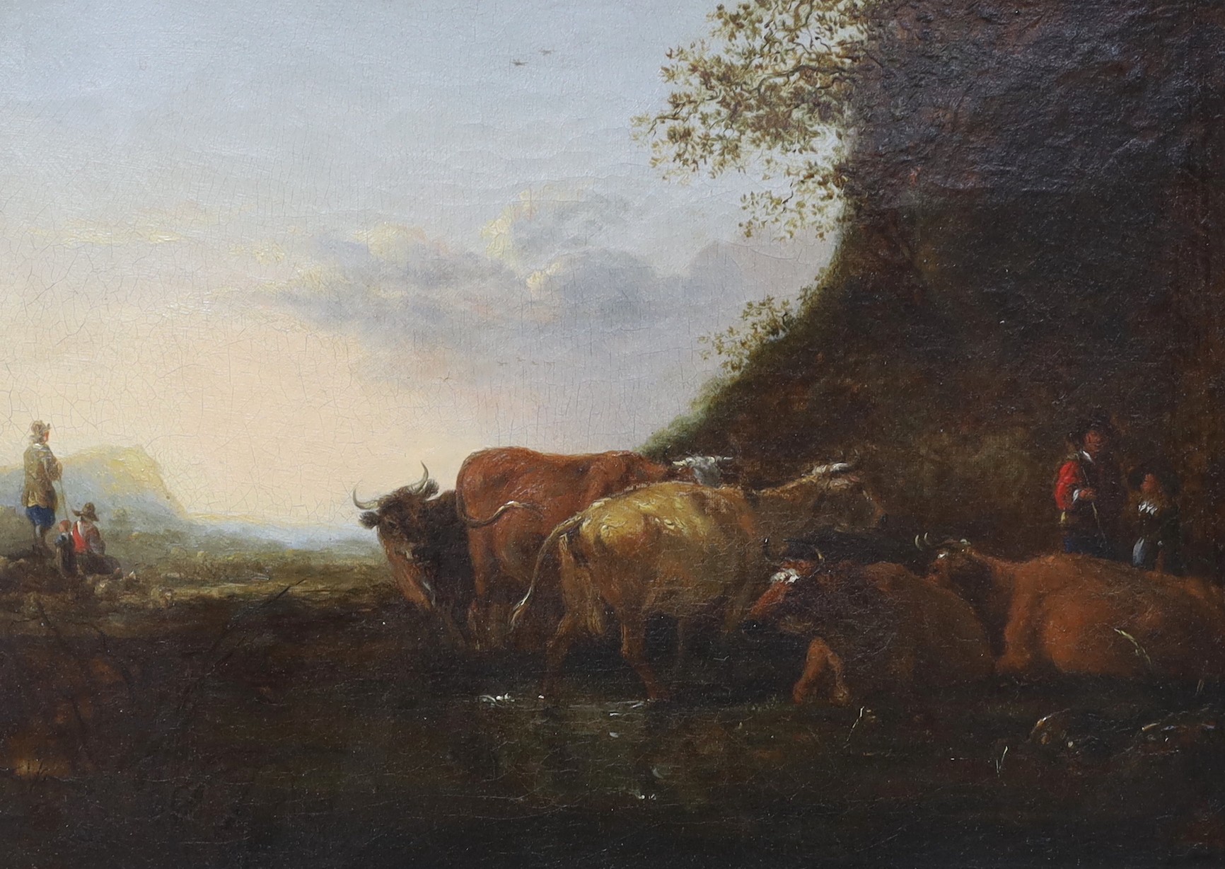 After Aelbert Cuyp (1620-1691), oil on canvas, Cattle in a bucolic landscape, 25 x 35cm